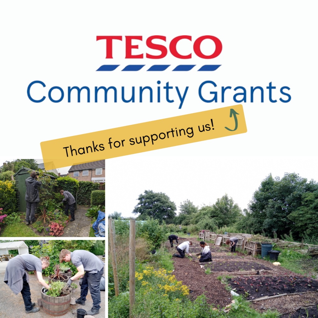 Photo of a group of young people gardening. Text over the image says, thank you for supporting us Tesco!