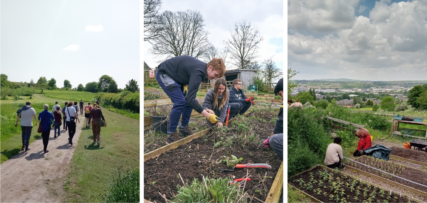 People taking part in outdoor activities including walking and gardening. 